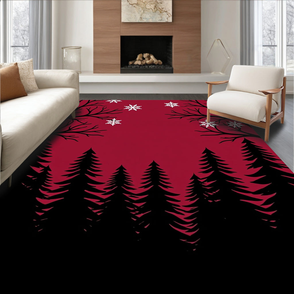 Crimson Bare Trees Snowfall Forest Rug