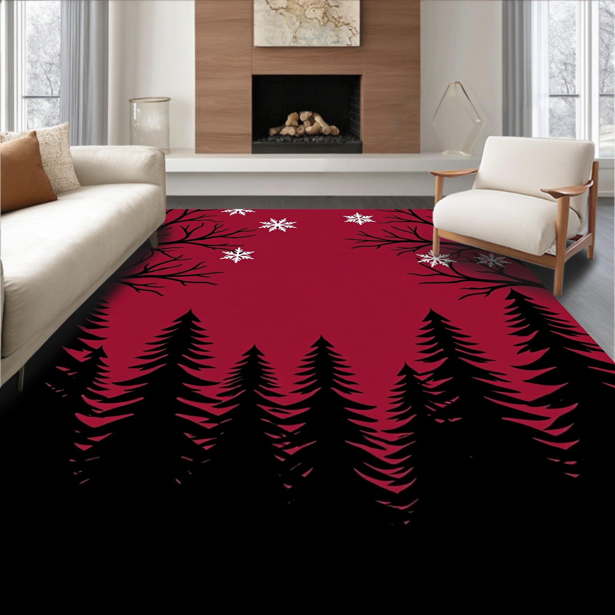 Crimson Bare Trees Snowfall Forest Rug
