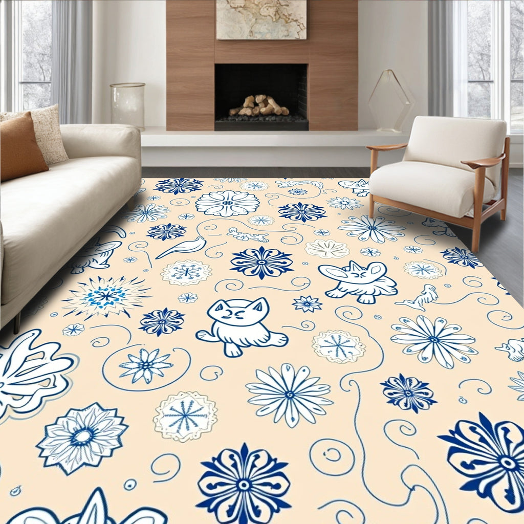 Playful Blue Animals and Floral Garland Rug