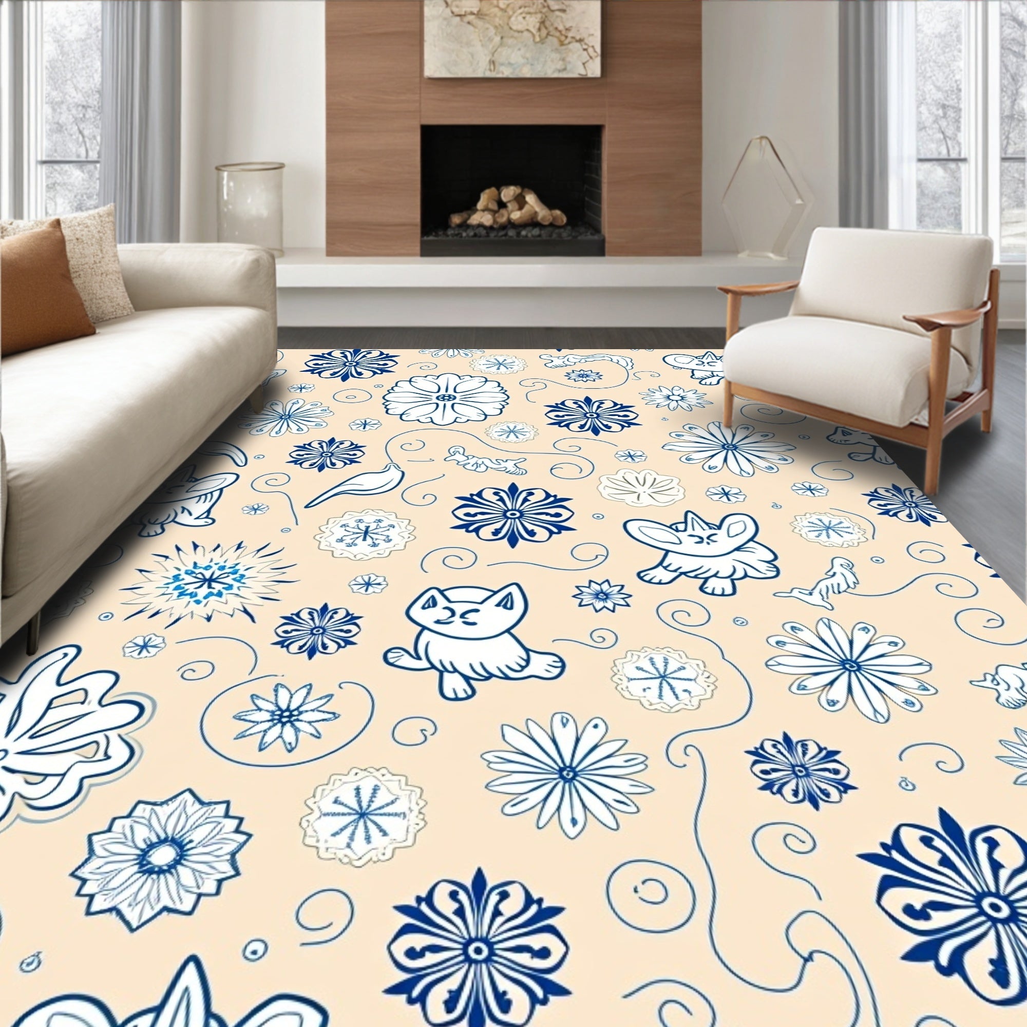Playful Blue Animals and Floral Garland Rug