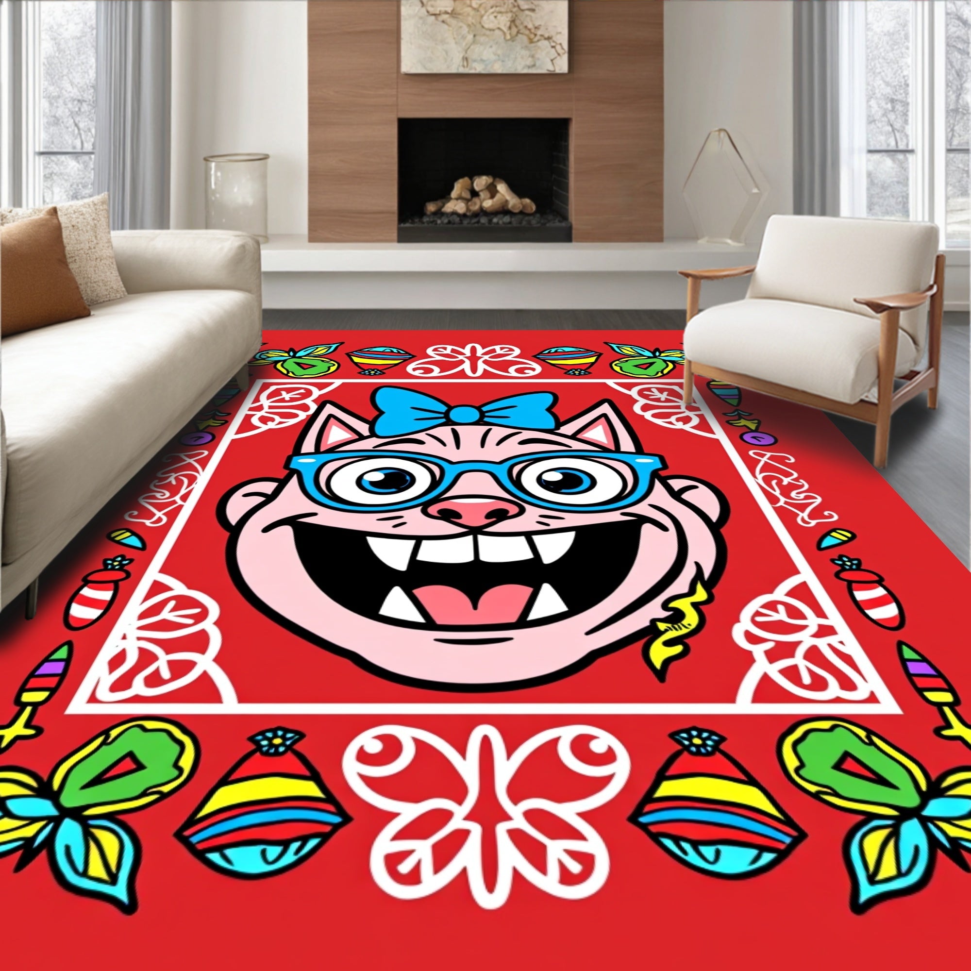 Whimsical Pink Cat Blue Glasses Border Rug