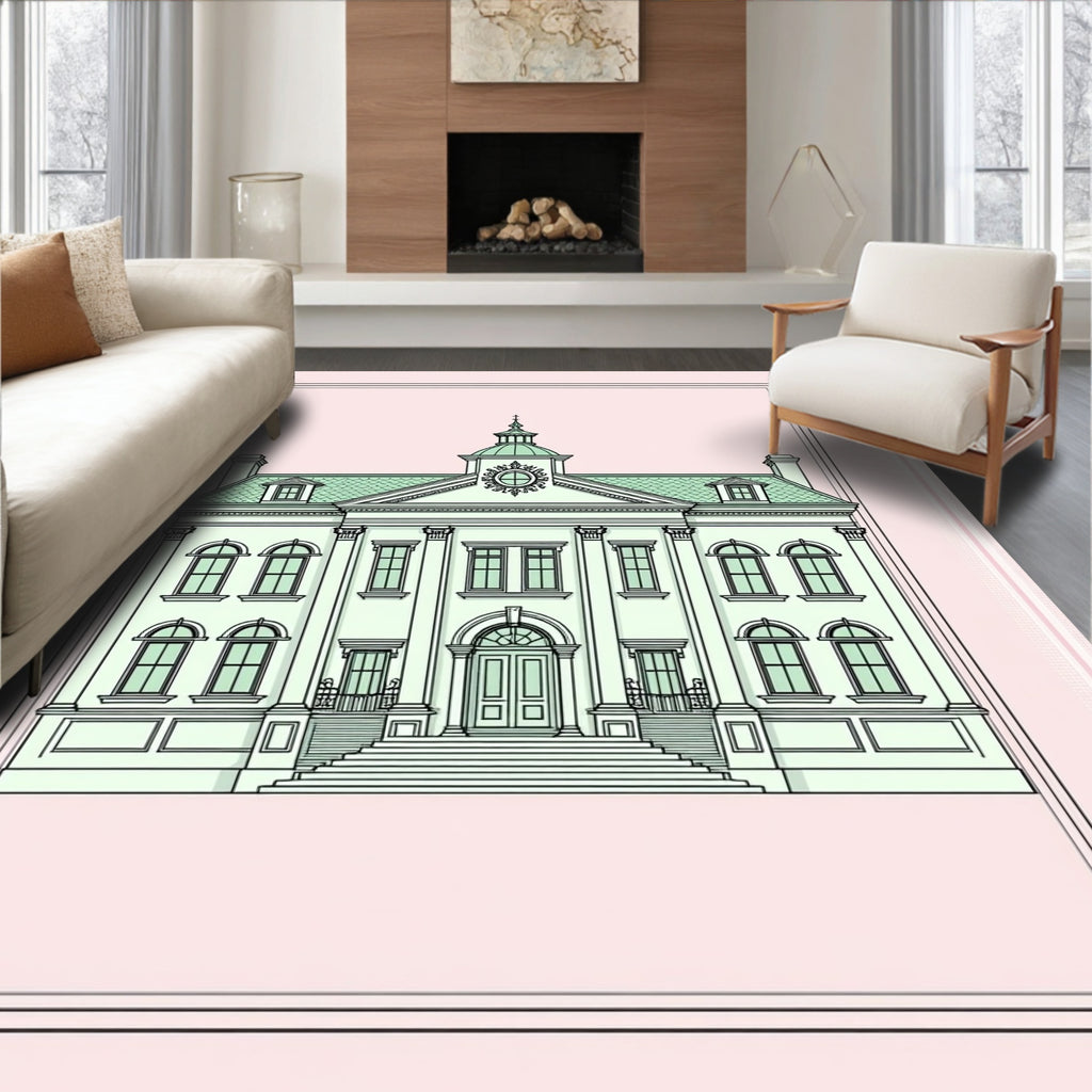 Neoclassical Building Mint Green Outline Rug