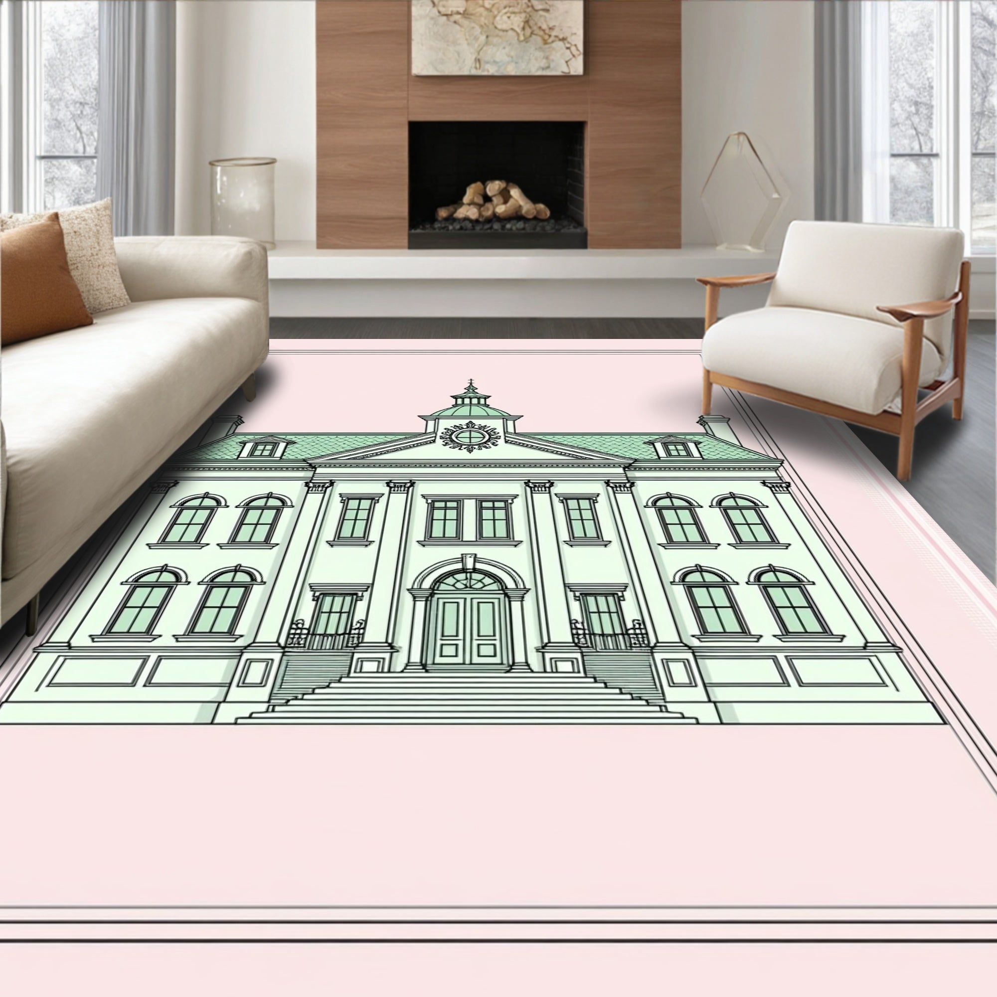 Neoclassical Building Mint Green Outline Rug