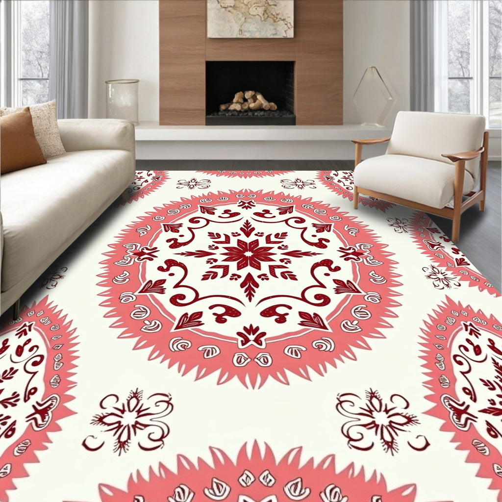 Crimson Coral Medallion Mandala Rug