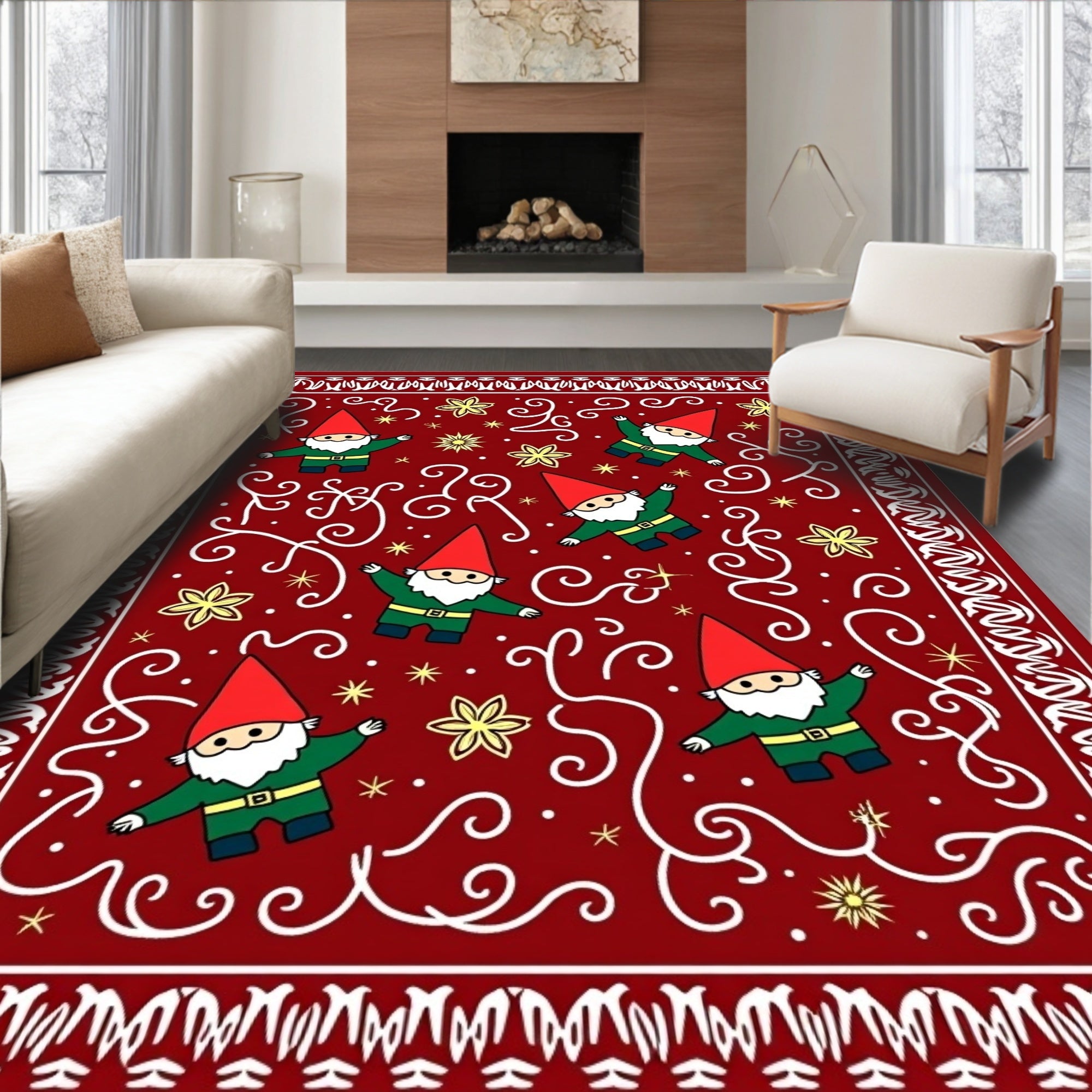 Festive Red Gnome Swirl Accent Rug