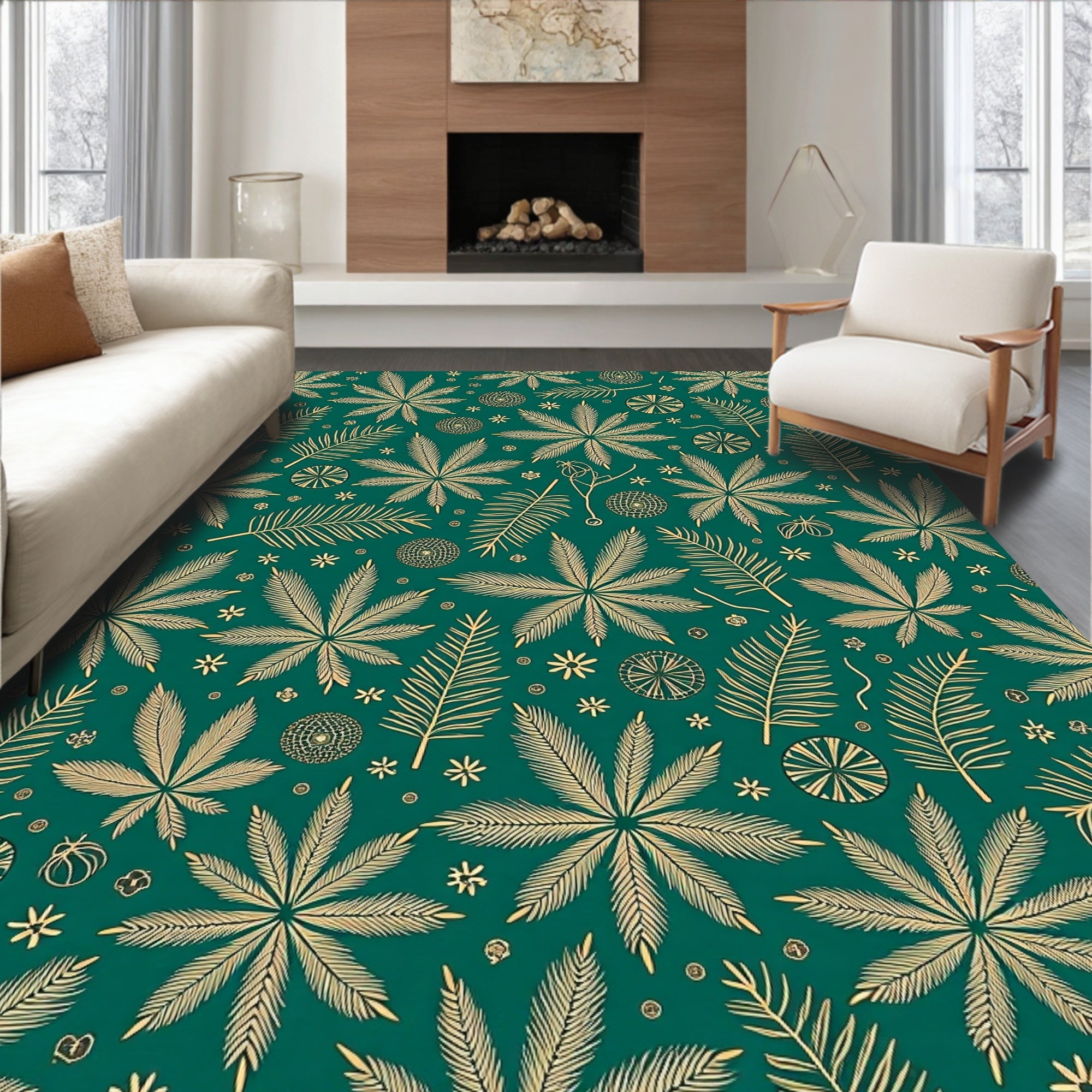 Emerald Green Palm Frond Collage Rug