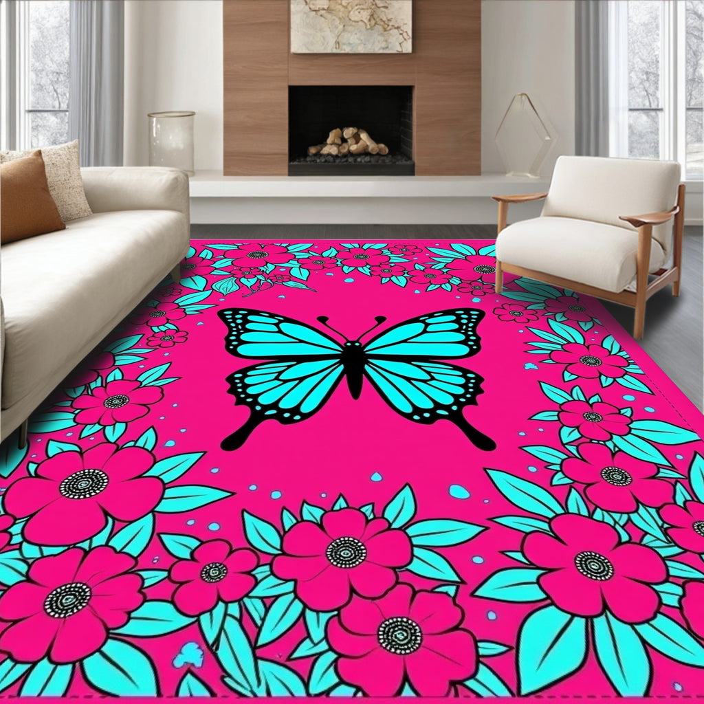 Bright Pink Butterfly Floral Swirl Rug