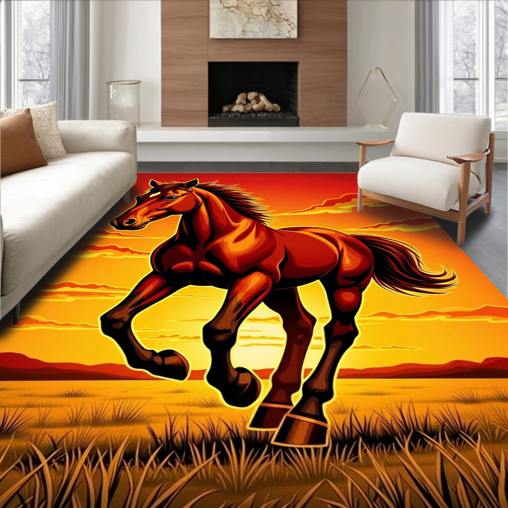 Fiery Chestnut Horse Galloping Sunset Field Rug