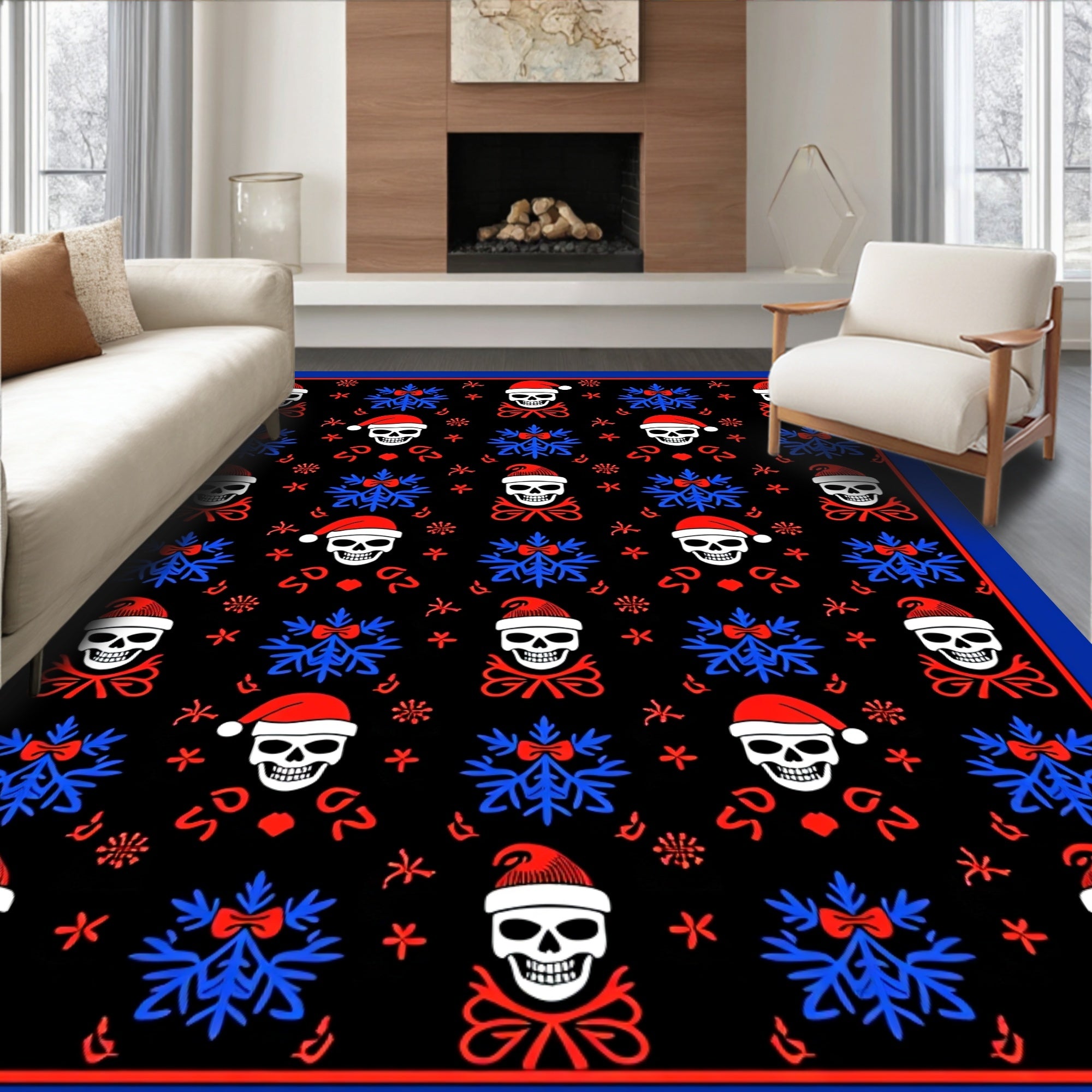 Black Red Santa Skull Blue Snowflake Rug