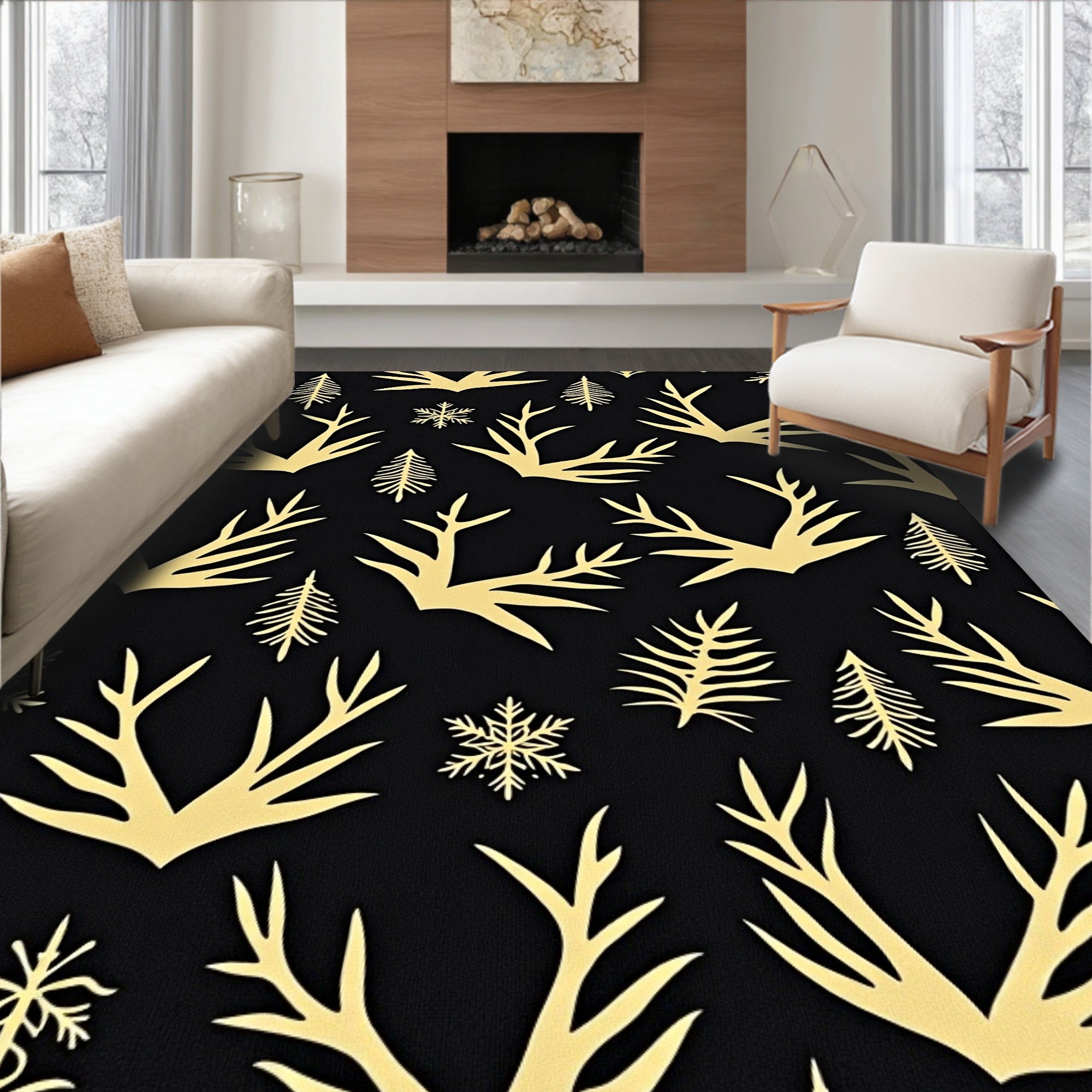 Golden Antlers Snowflakes Pine Trees Rug