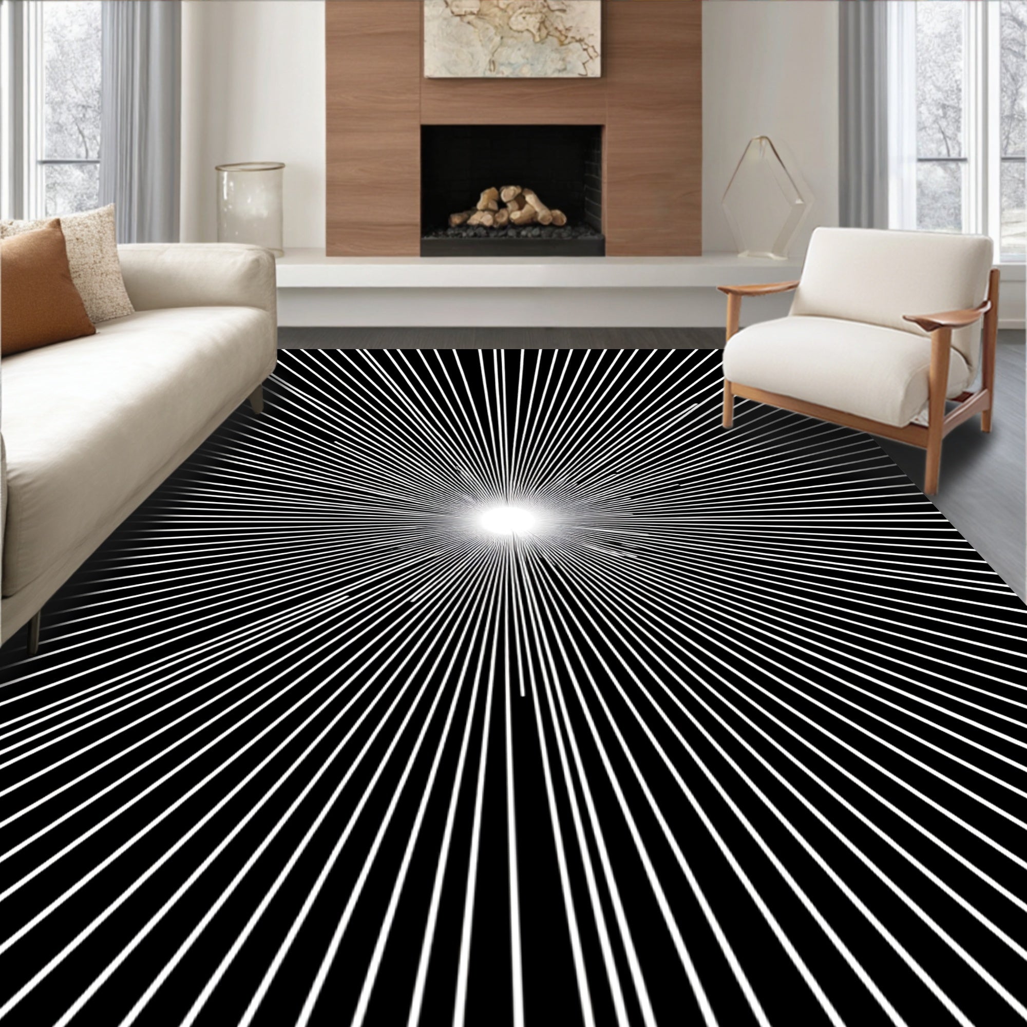 Radiating White Starburst Black Rug