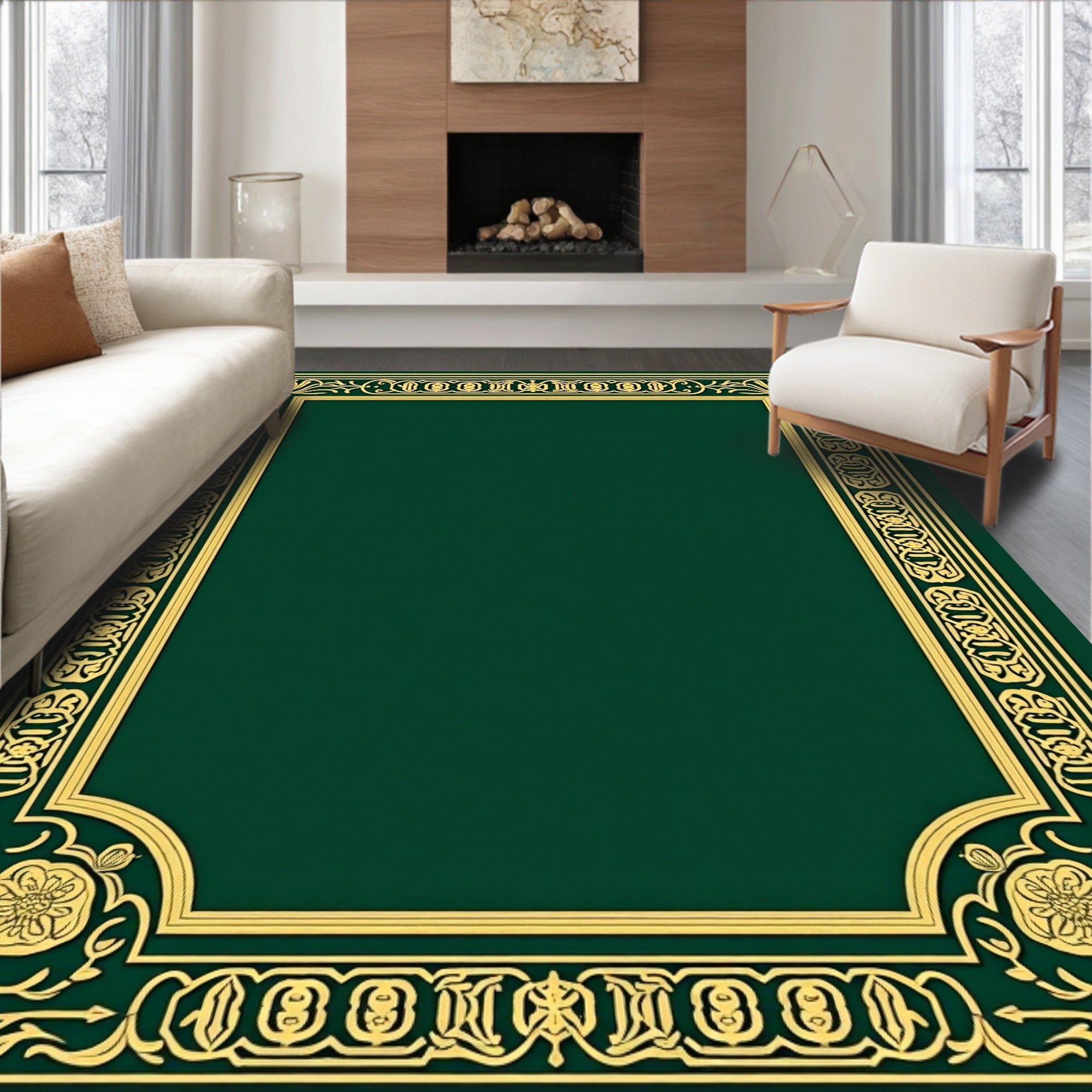Elegant Golden Floral Border Green Rug