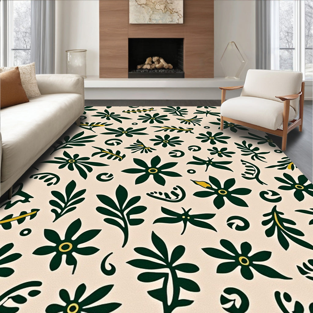 Dark Green Blooming Floral Ivory Scatter Rug