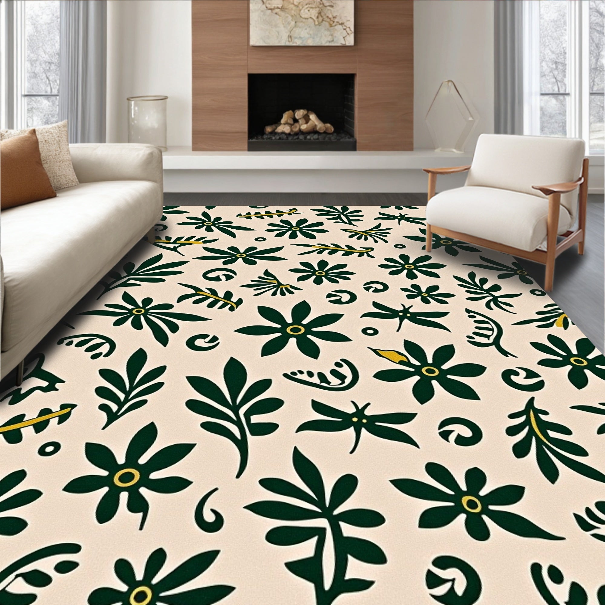 Dark Green Blooming Floral Ivory Scatter Rug