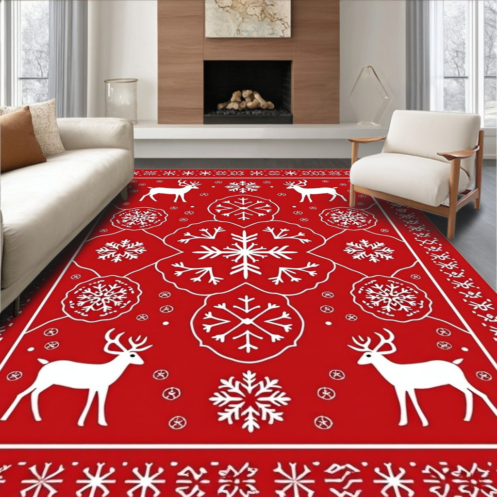 Winter Red Deer Snowflake Mandala Rug