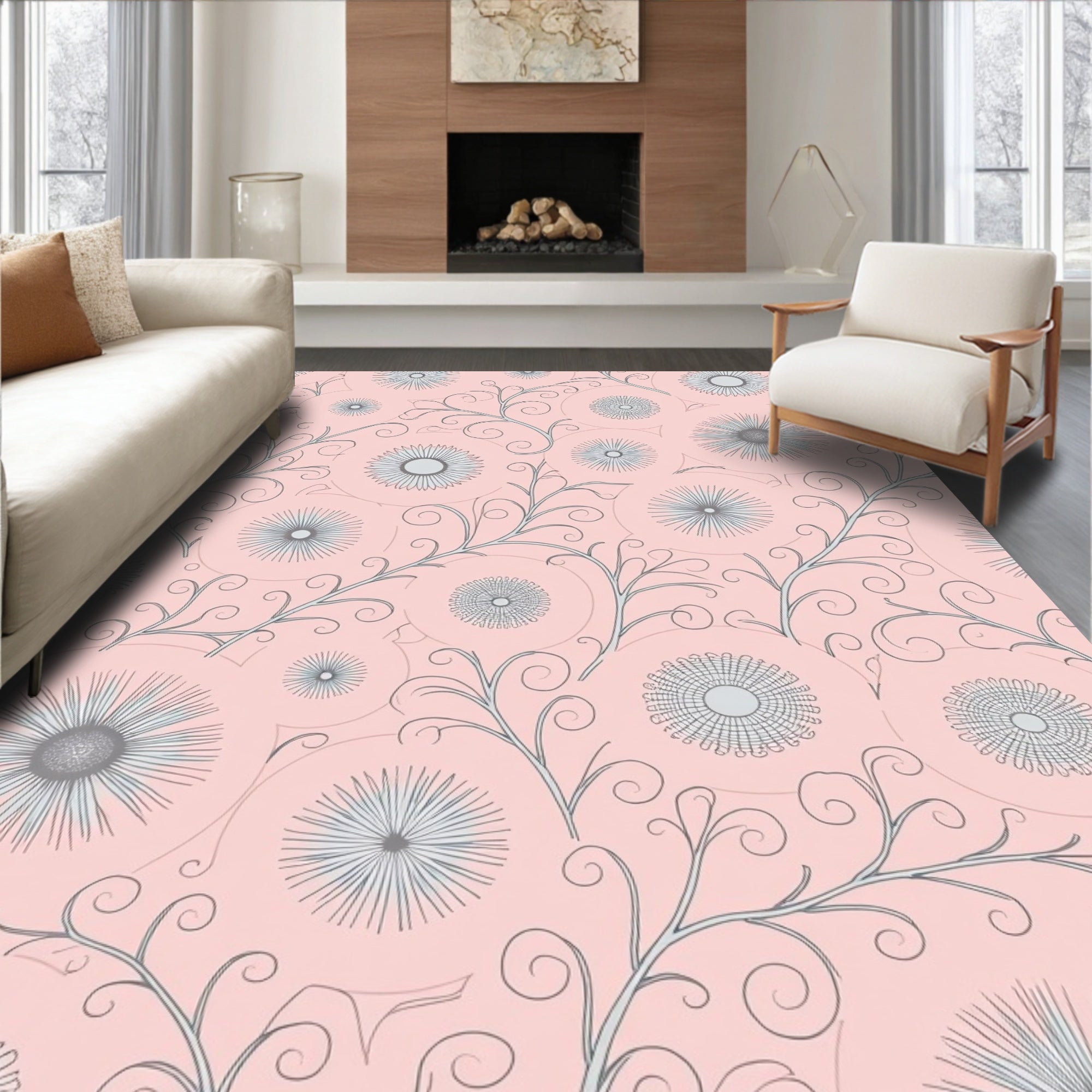 Soft Pink Floral Vine Medallion Rug