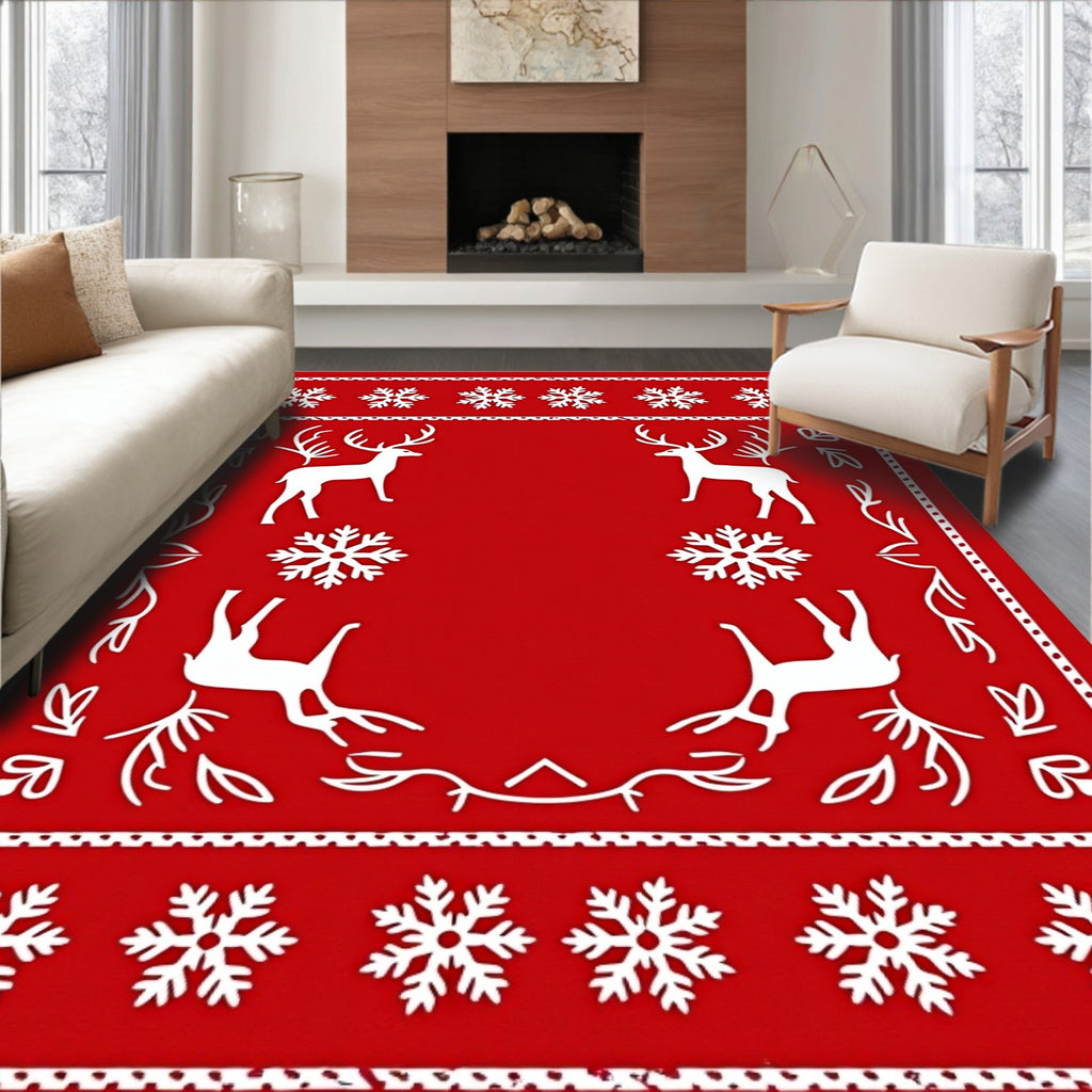 Red White Festive Reindeer Snowflakes Border Rug