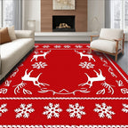Red White Festive Reindeer Snowflakes Border Rug