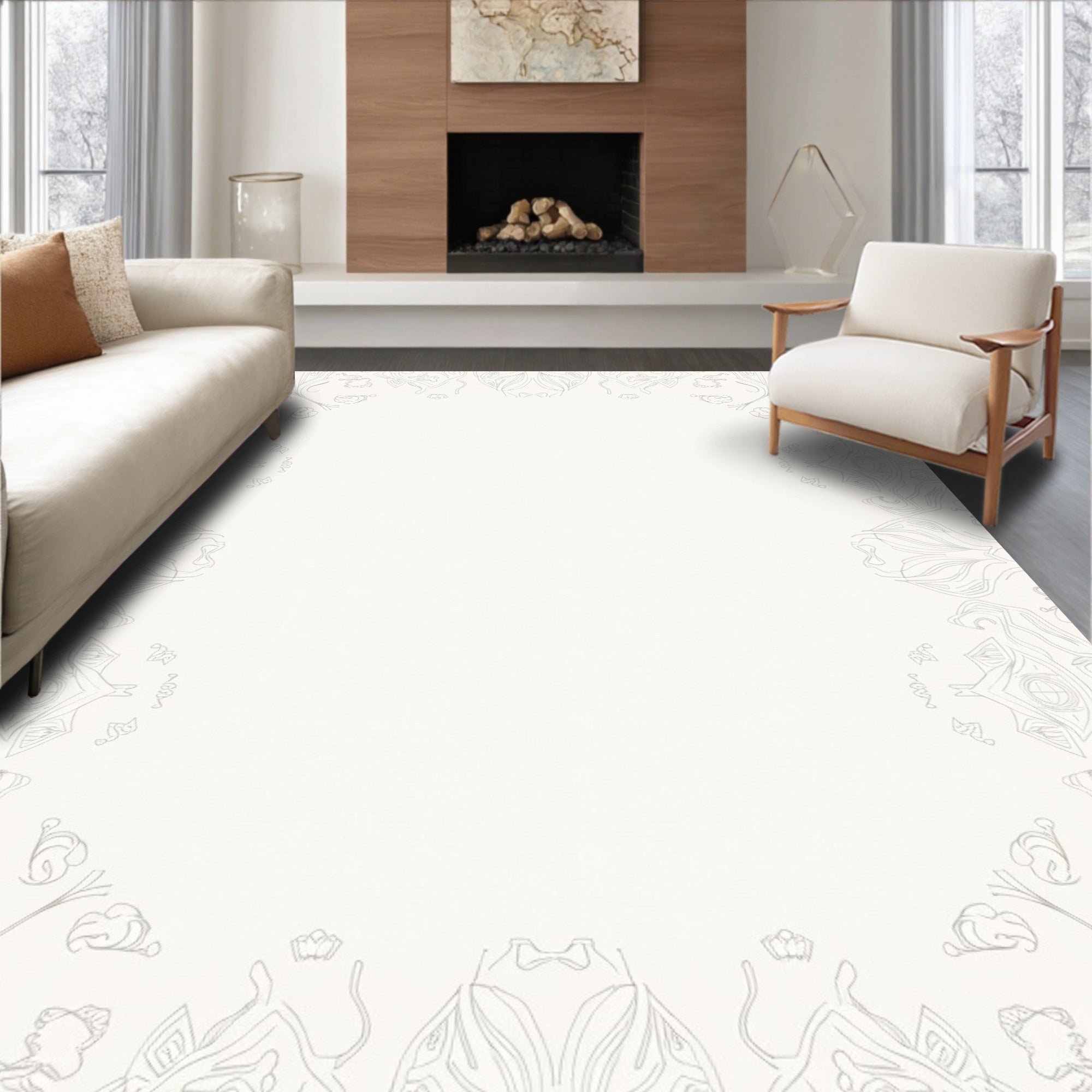 Ornate Cream Mandala Outline Rug
