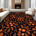 Vibrant Orange Floral Burst Black Rug