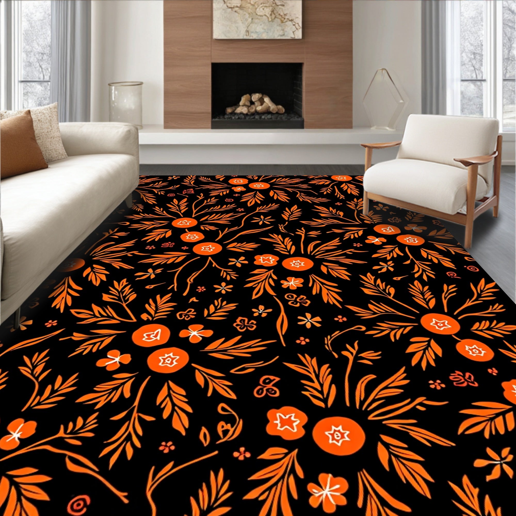 Vibrant Orange Floral Burst Black Rug