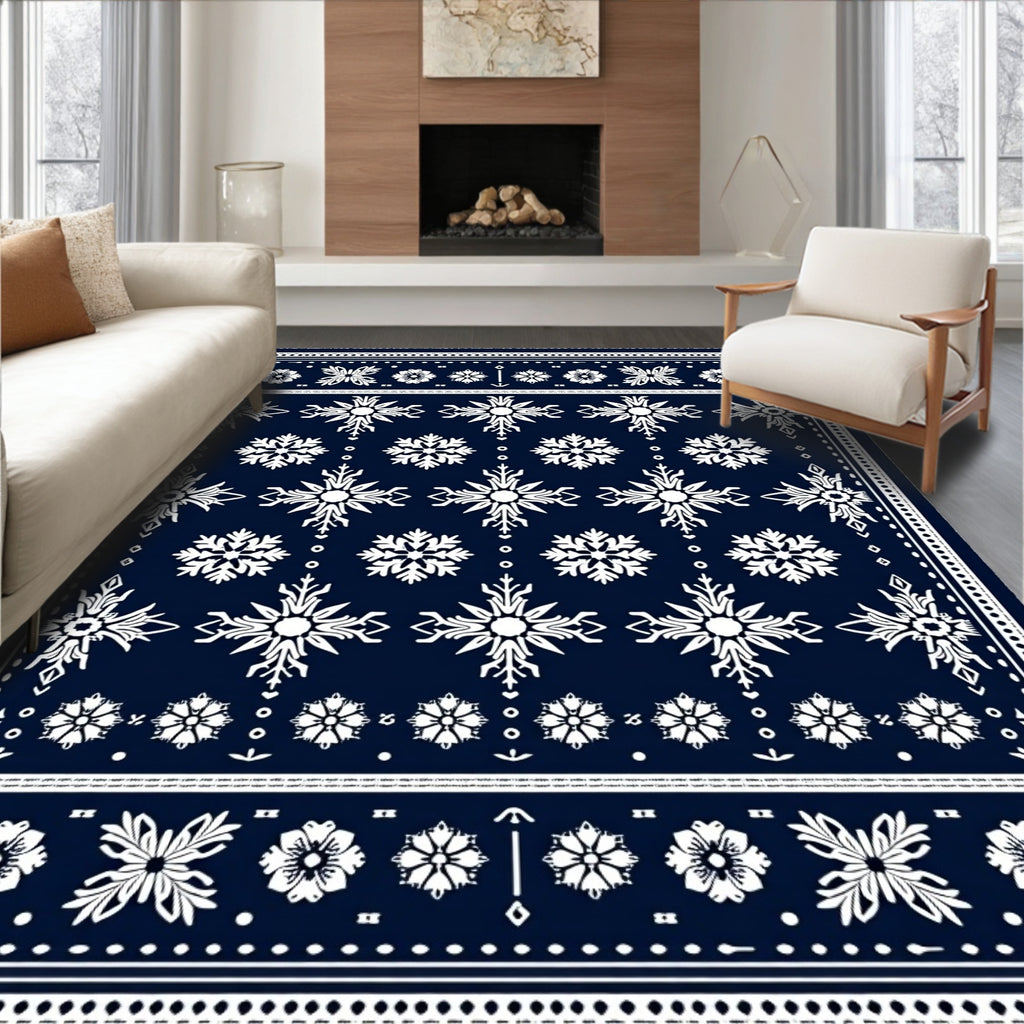 Navy White Snowflake Geometric Medallion Rug