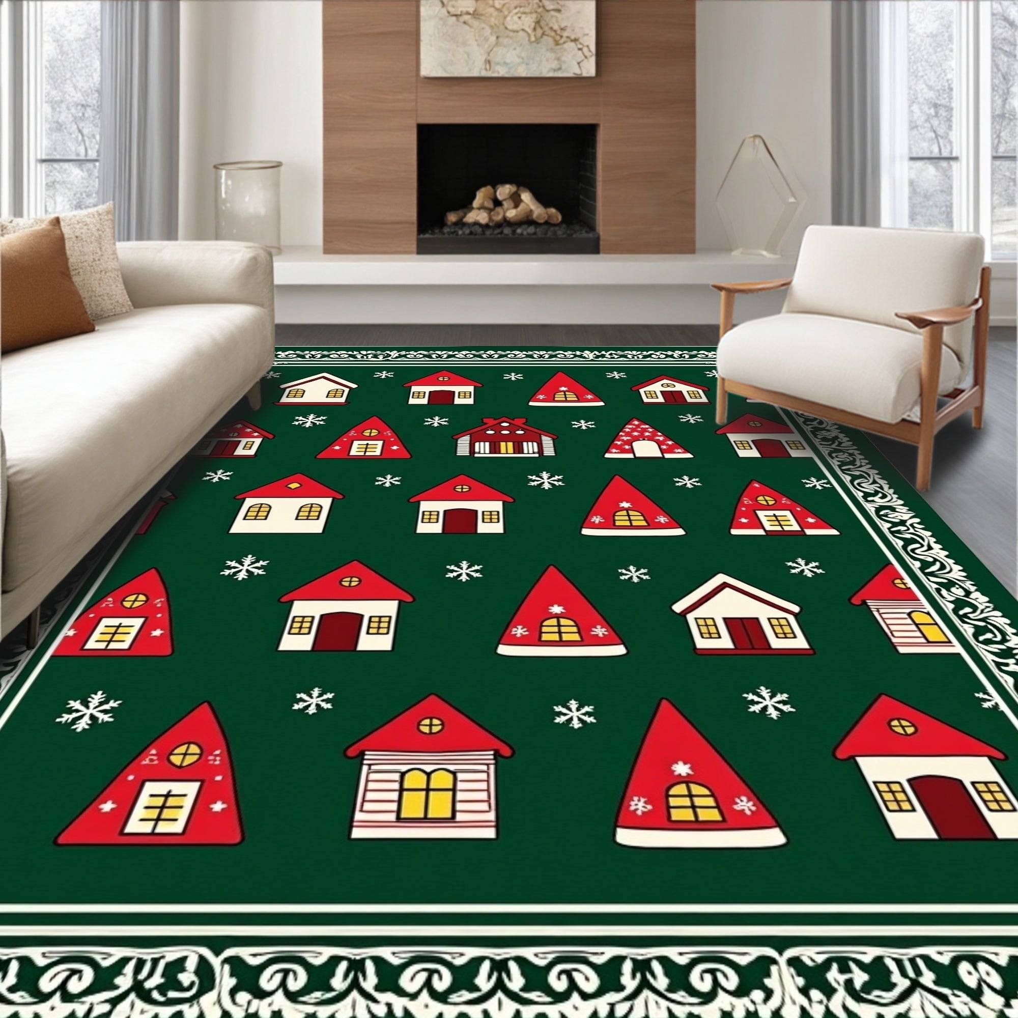 White Red Houses Snowflake Border Rug
