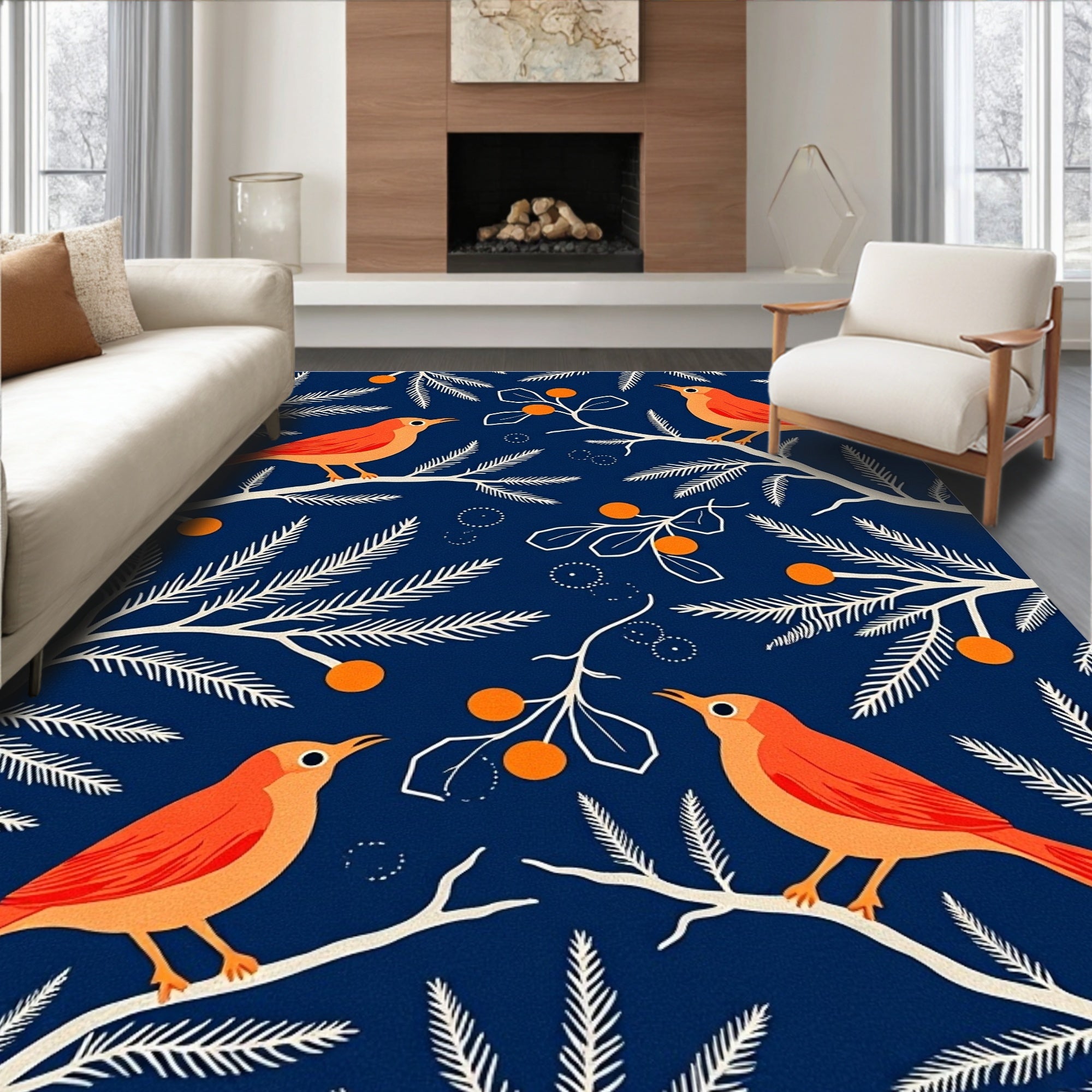 Orange Birds With White Branches And Berries Rug