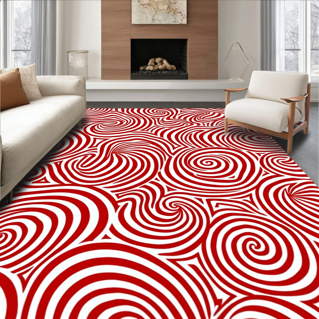 Crimson Swirls Abstract Stripe Rug
