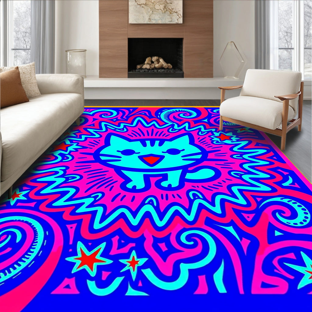 Vibrant Turquoise Cat Pink Explosion Rug