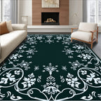 Dark Teal White Floral Scroll Rug