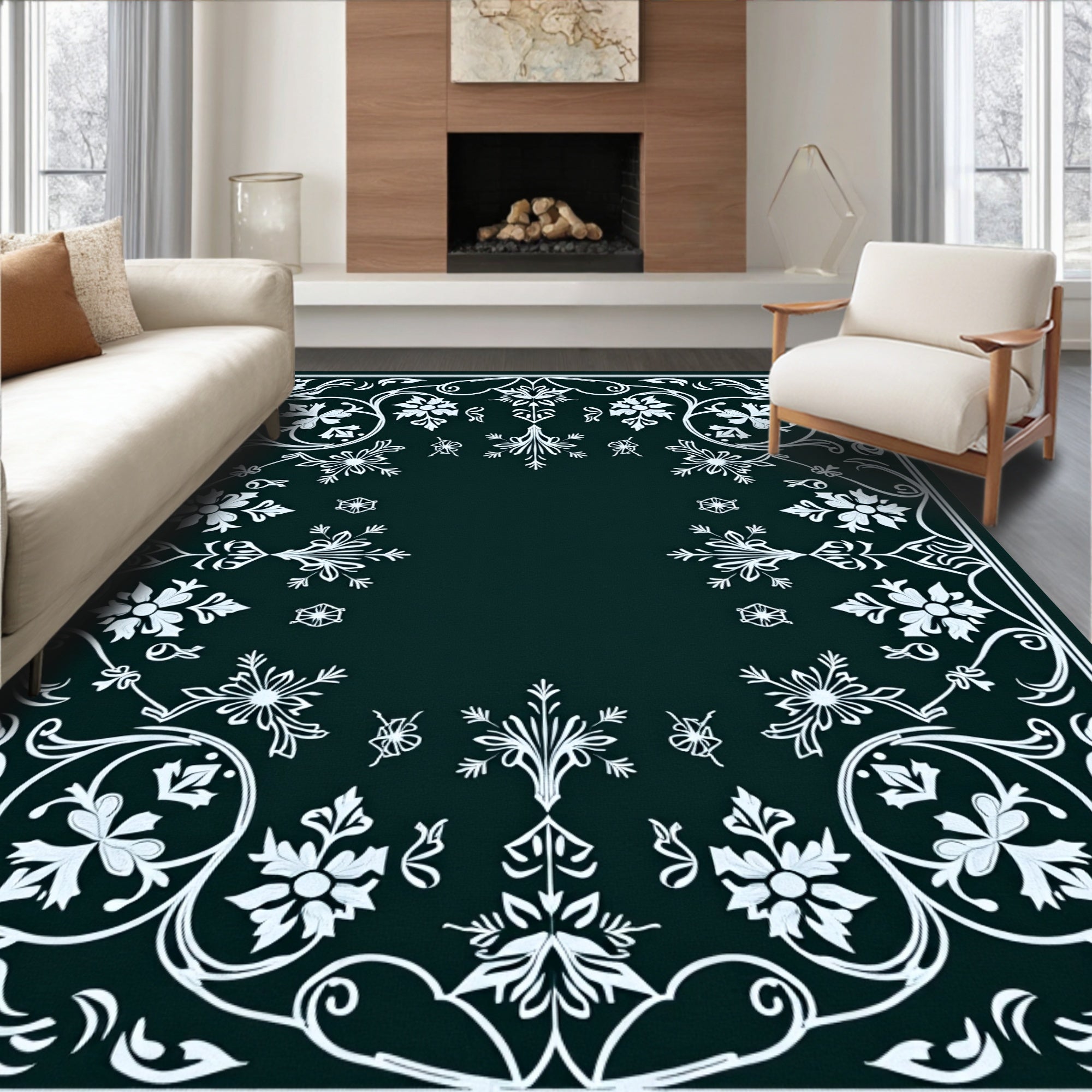 Dark Teal White Floral Scroll Rug