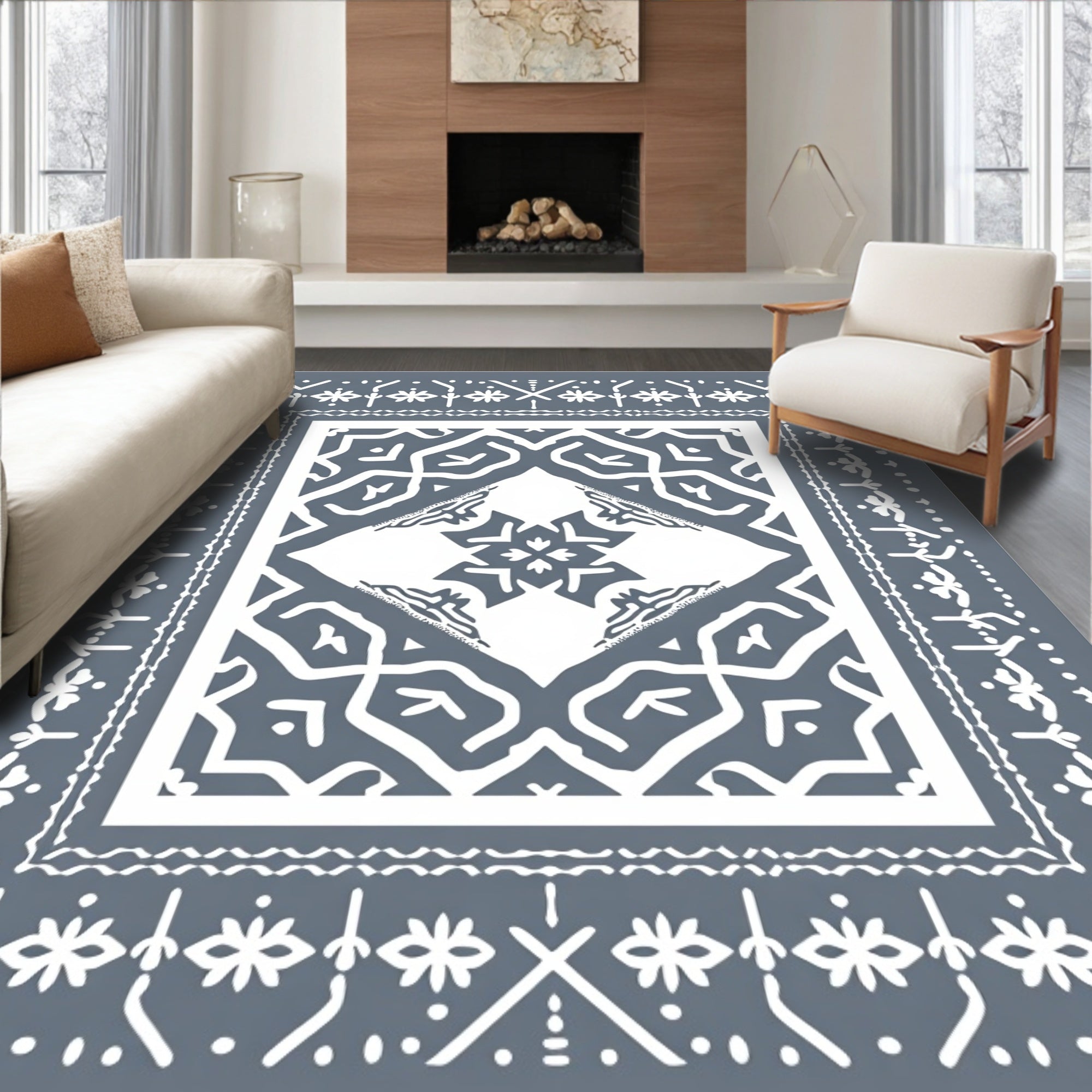 Gray White Geometric Medallion Lattice Rug