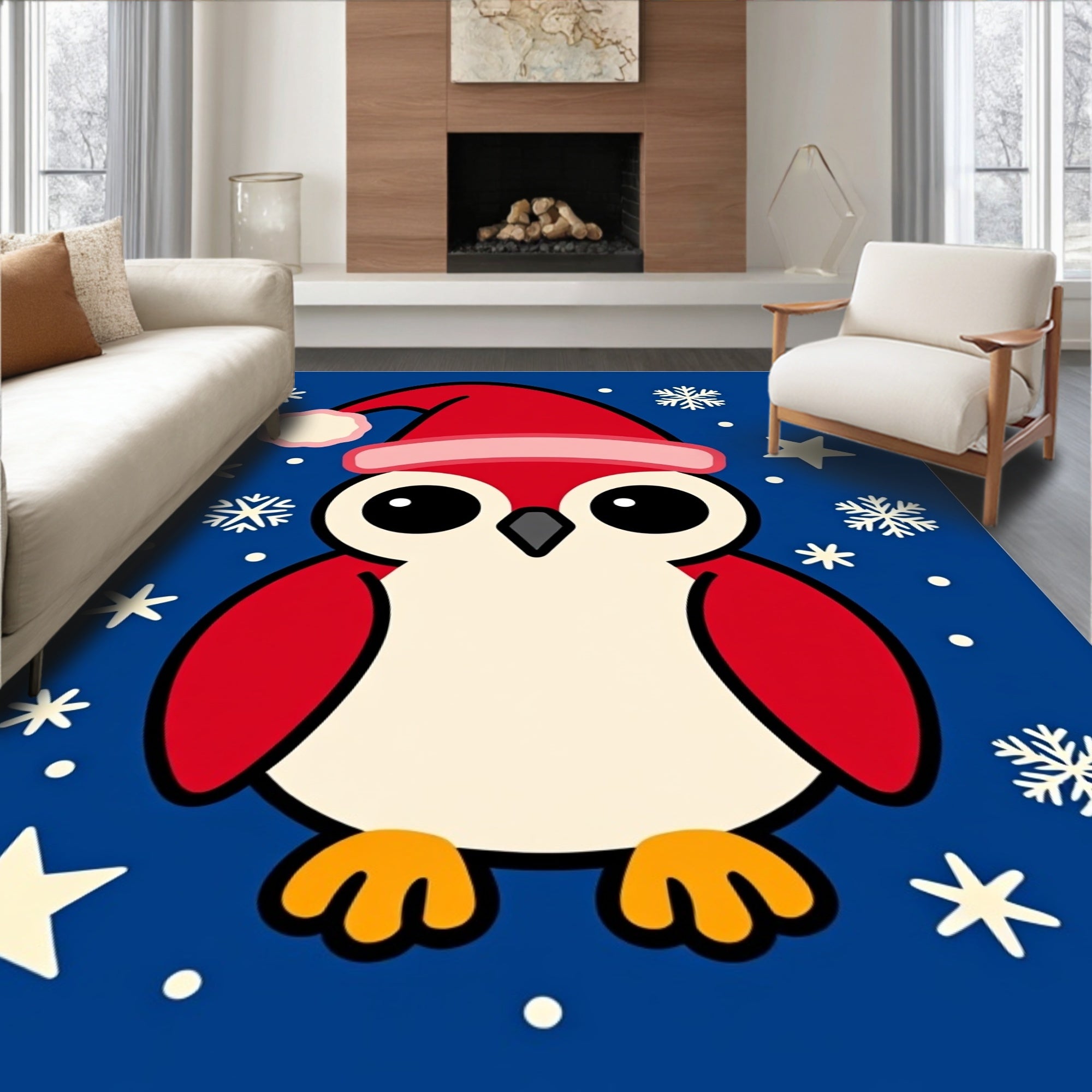 Cute Red Penguin Christmas Snowflakes Rug