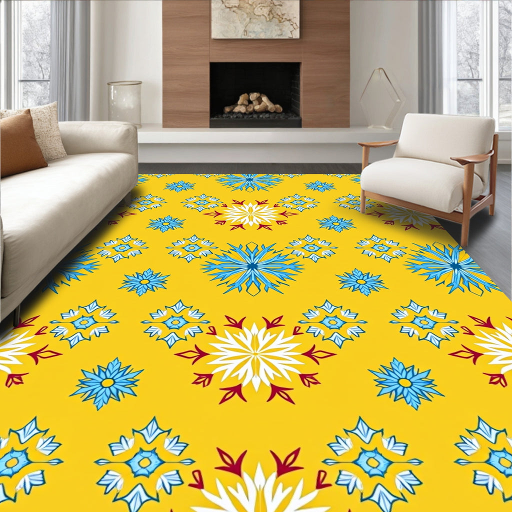 Golden Yellow Snowflakes Blue White Accents Rug