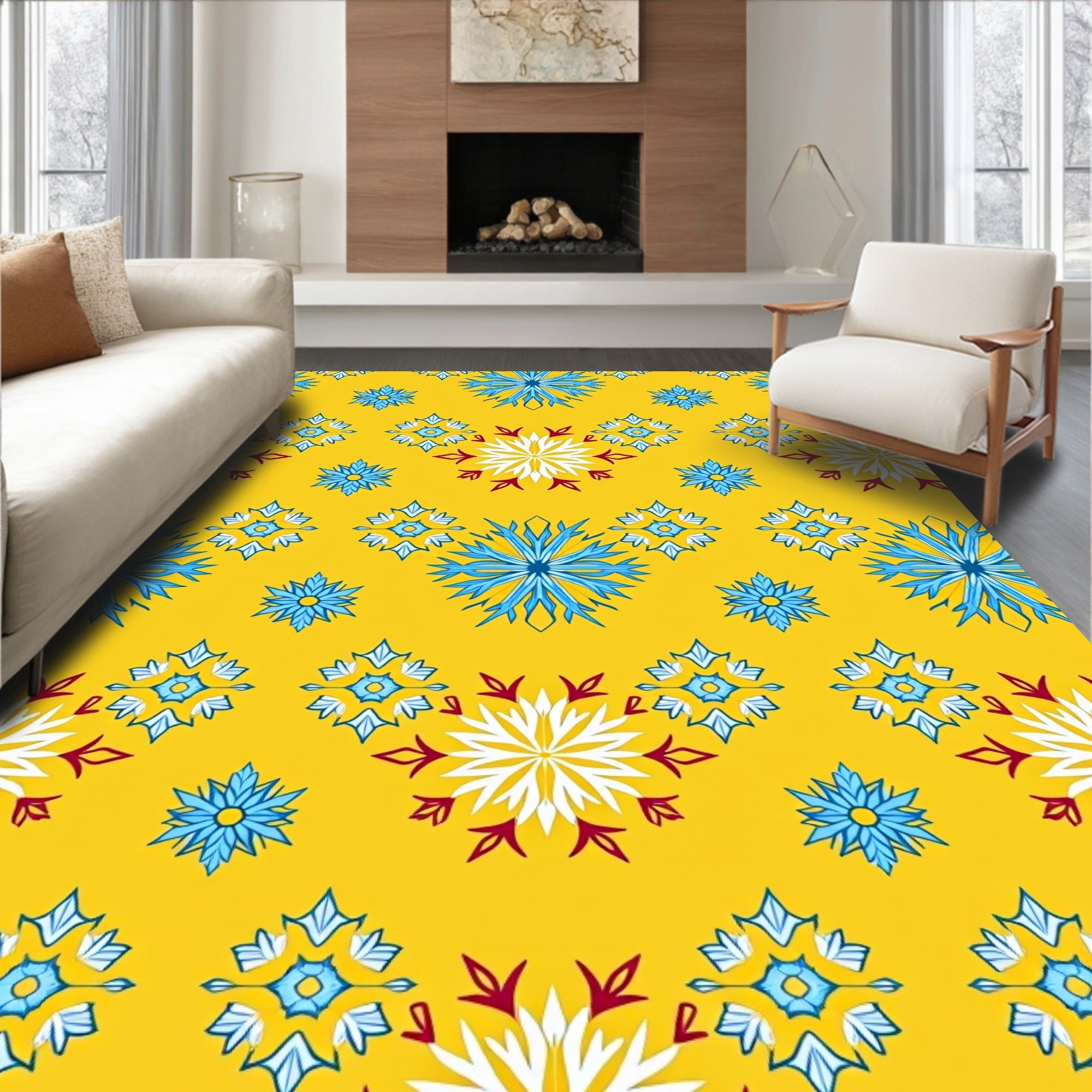Golden Yellow Snowflakes Blue White Accents Rug