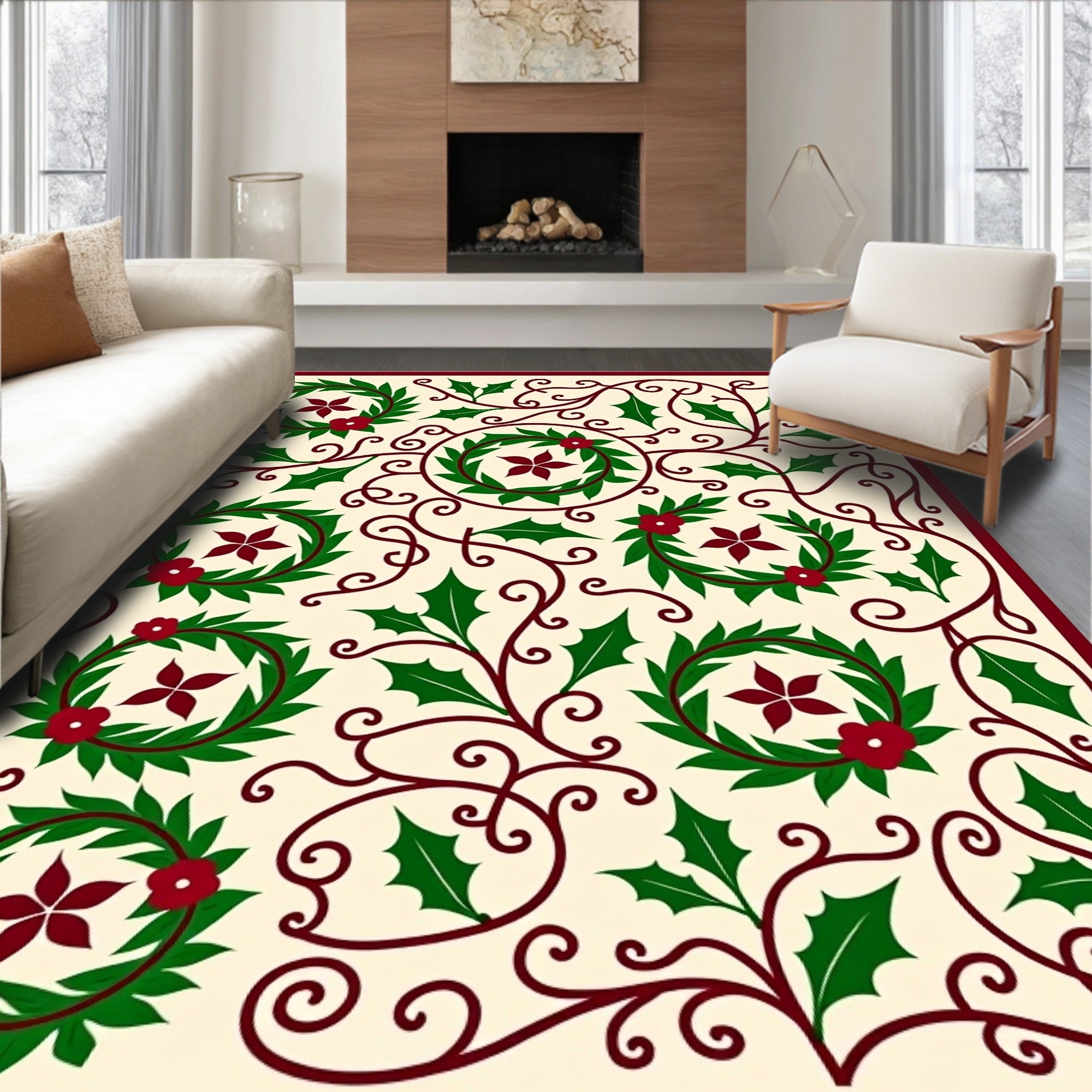 Elegant Holly Wreath Floral Scroll Rug