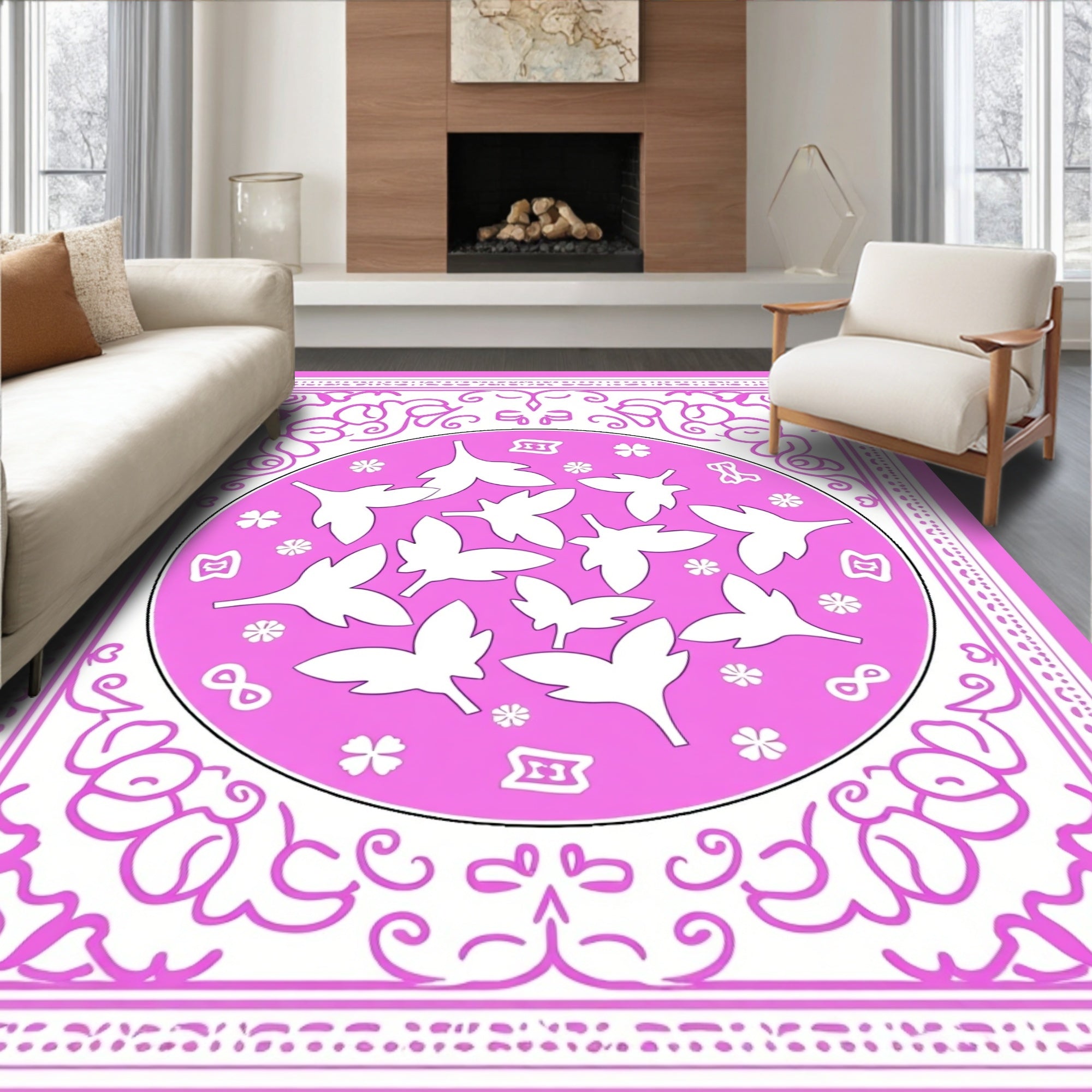 Pink Butterfly Garden Oval Rug