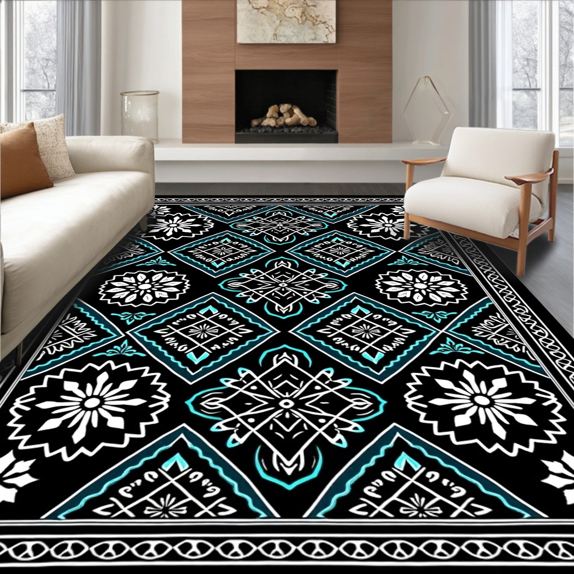 Black Turquoise Floral Medallion Diamond Rug