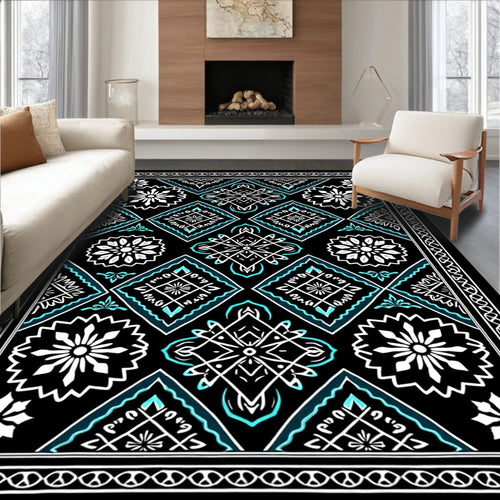 Black Turquoise Floral Medallion Diamond Rug