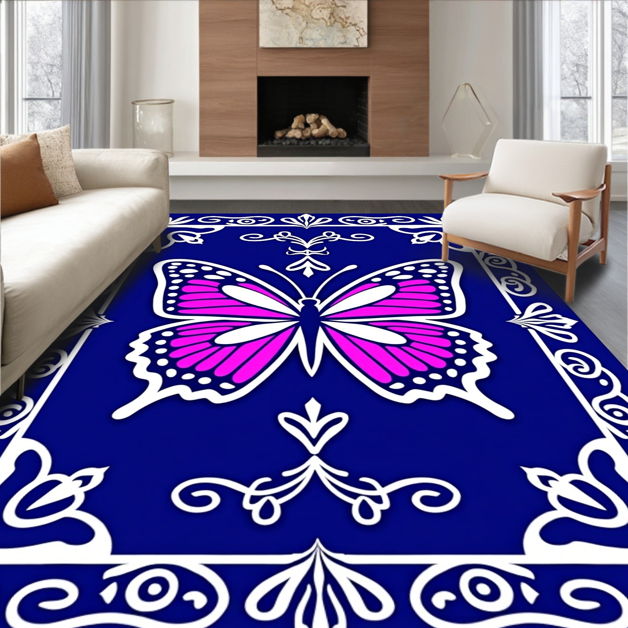 Bright Fuchsia Butterfly Ornamental Tile Rug