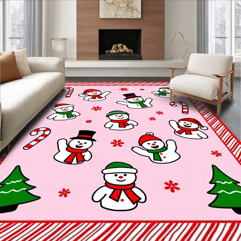 Whimsical Snowman Candy Cane Christmas Trees Rug