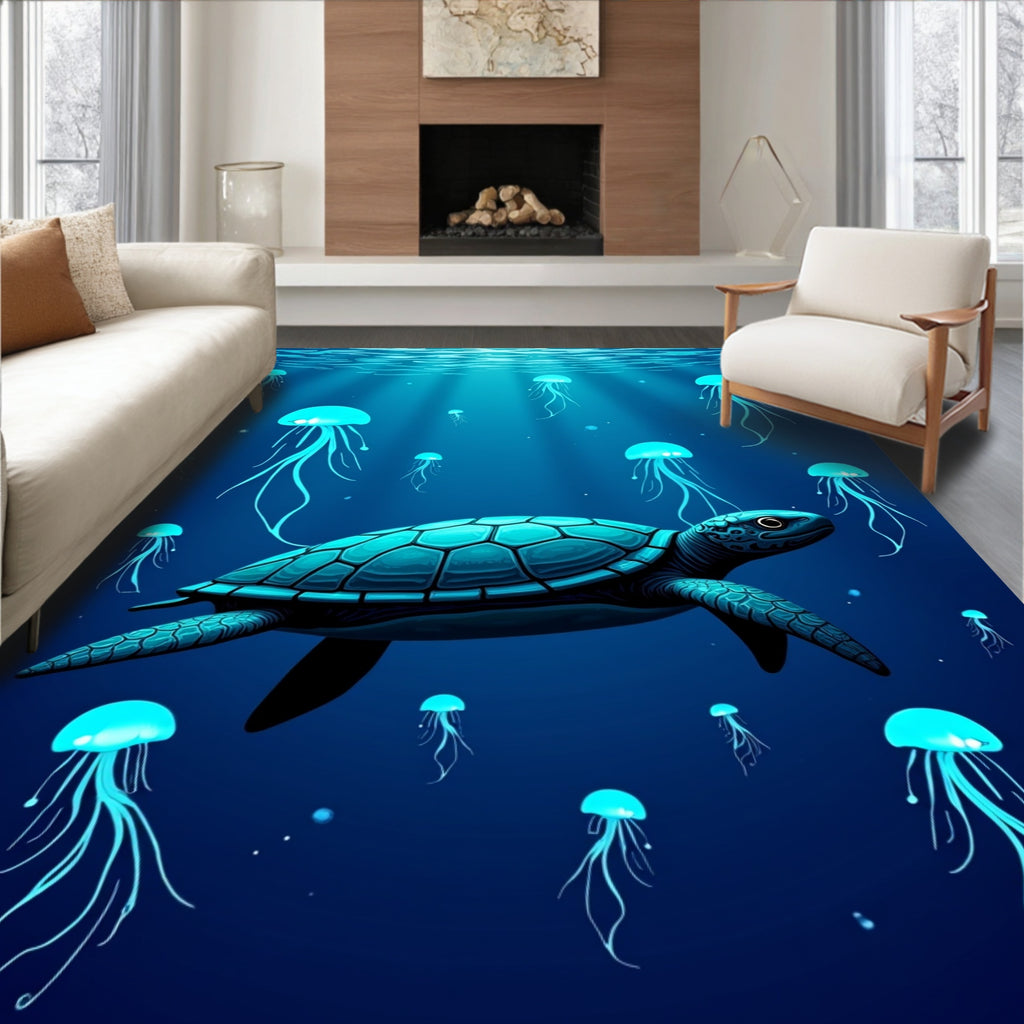 Deep Blue Jellyfish Turtle Ocean Rug