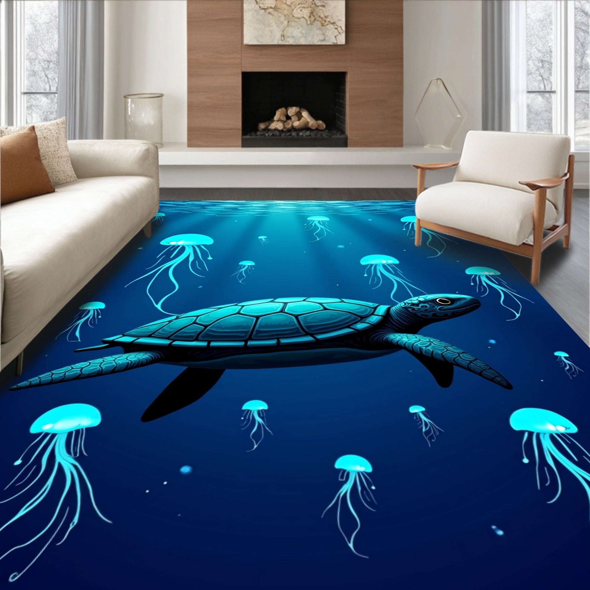 Deep Blue Jellyfish Turtle Ocean Rug