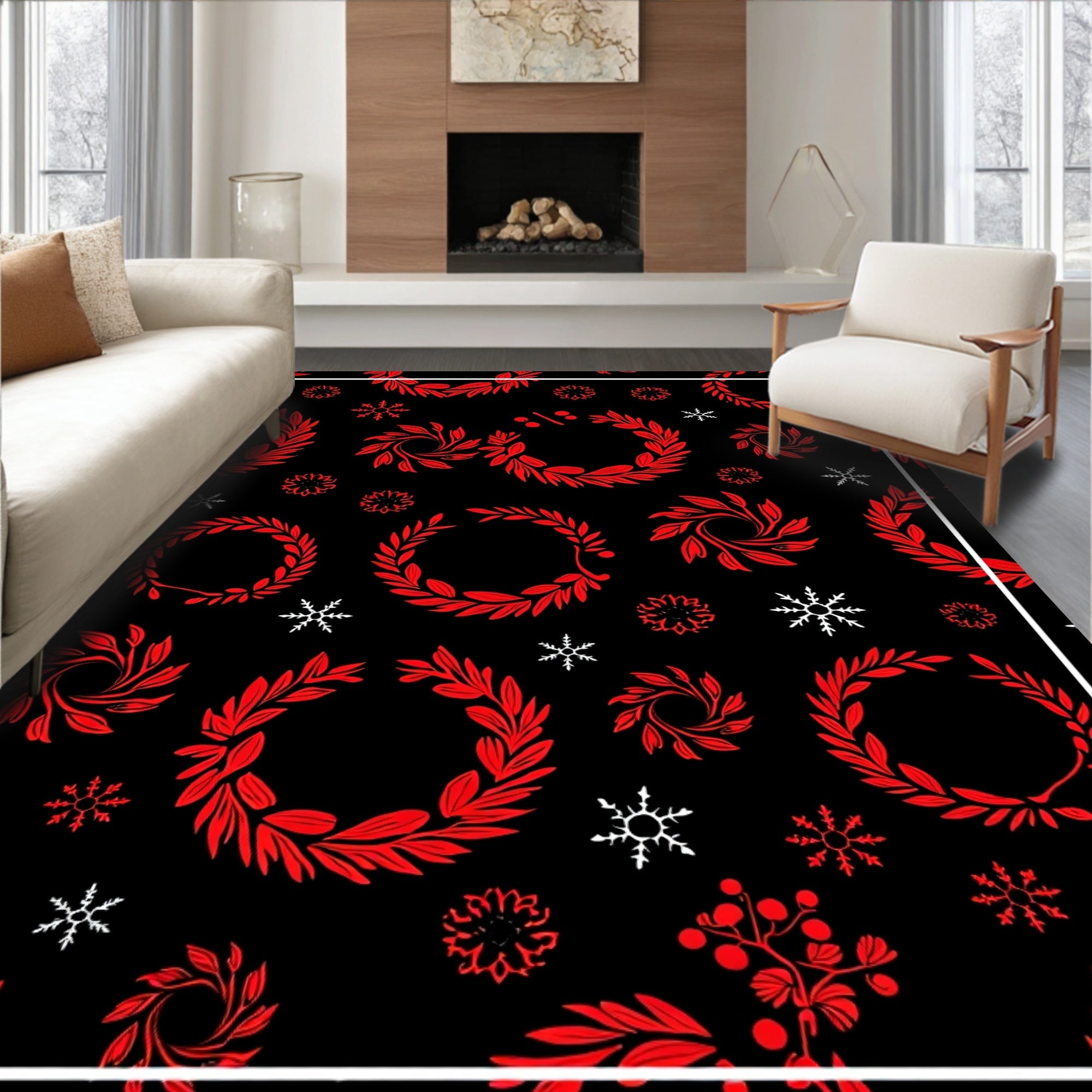 Crimson Leaf Wreath Snowflake Contrast Rug