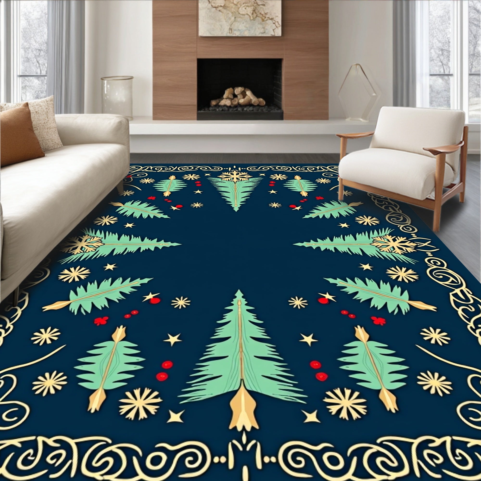 Navy Blue Winter Forest Snowflakes Rug