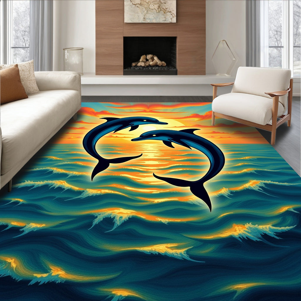 Energetic Blue Dolphins Sunset Ocean Waves Rug