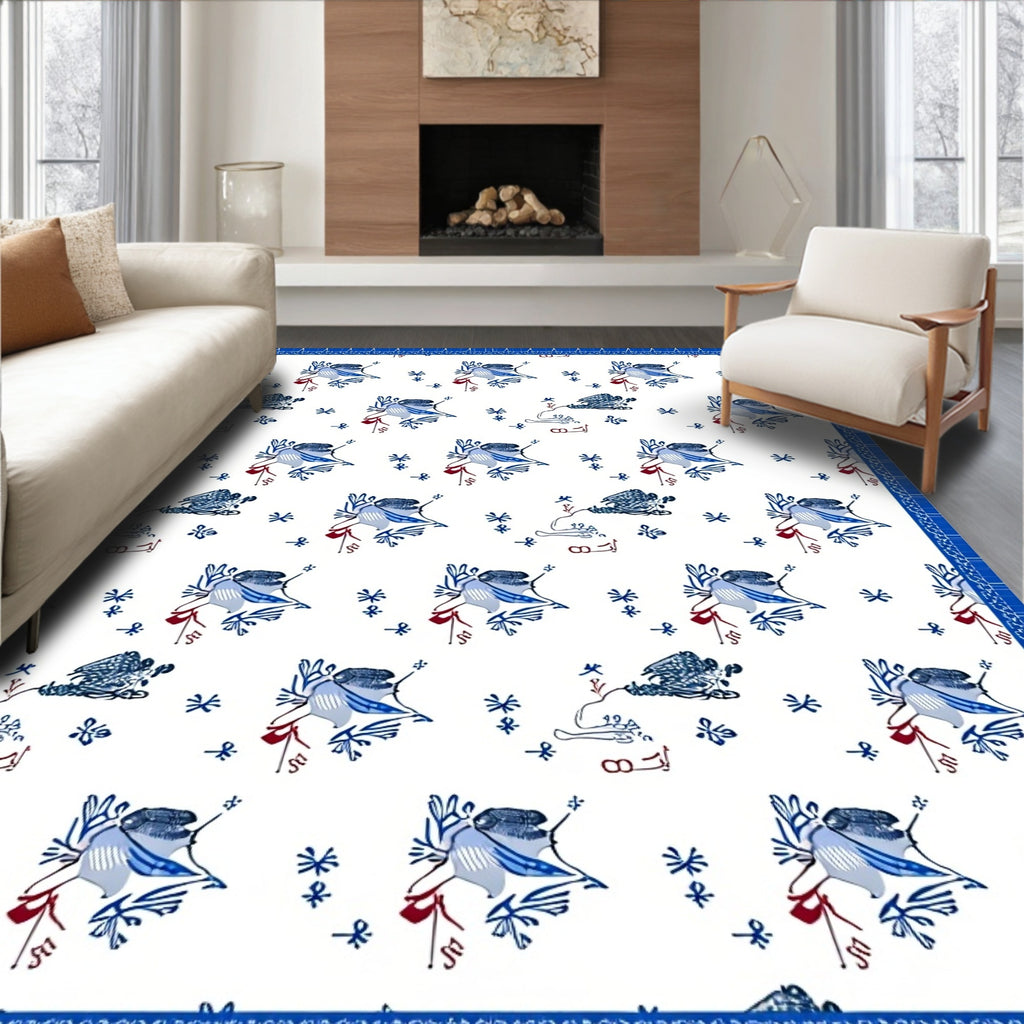 Blue White Bird Floral Repeat Rug