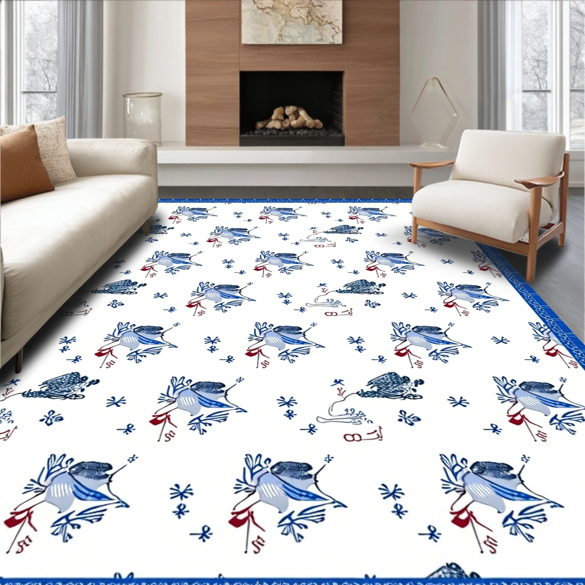 Blue White Bird Floral Repeat Rug