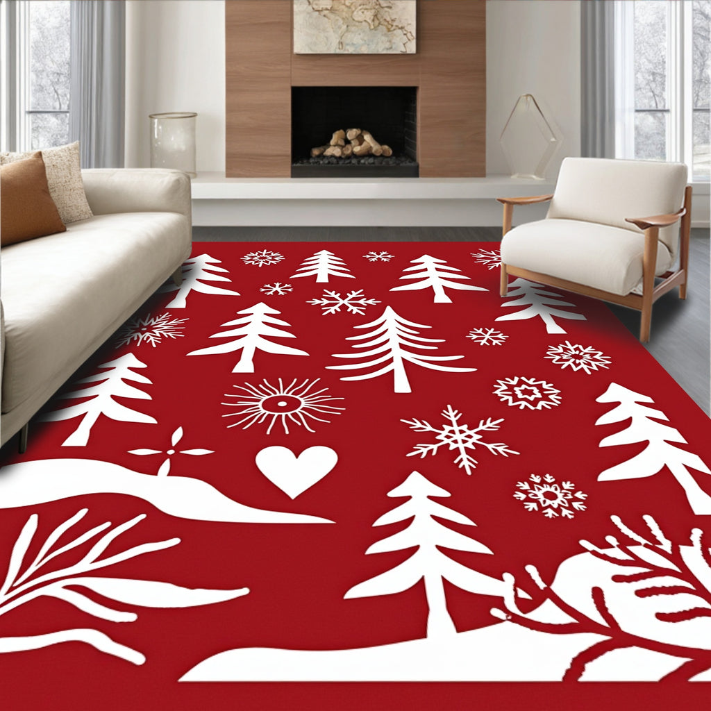Festive Red White Christmas Tree Snowflakes Rug